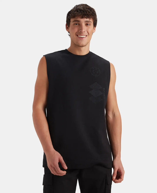 Super Combed Cotton Rich Graphic Print Oversized Tank Top - Deep Black