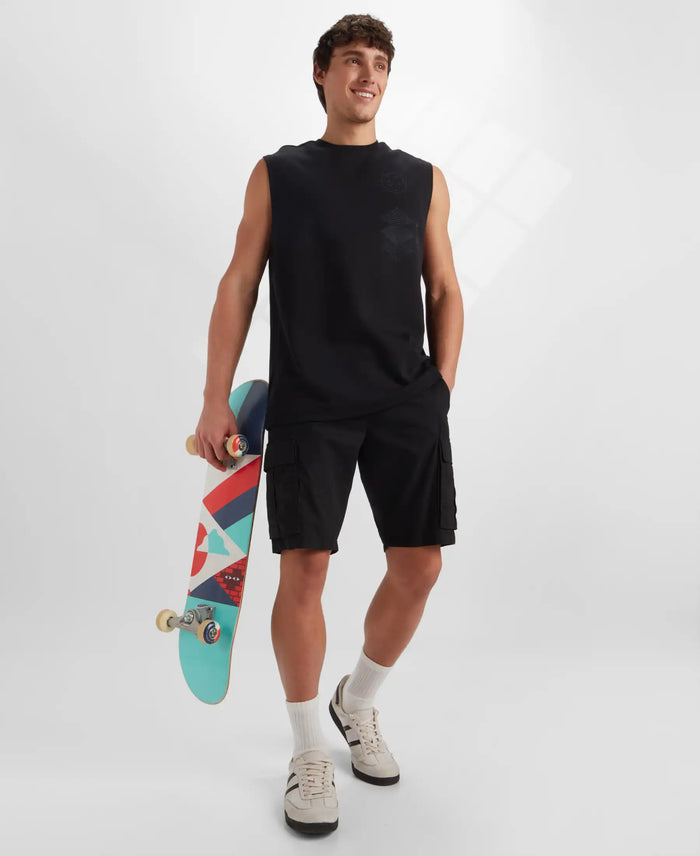 Super Combed Cotton Rich Graphic Print Oversized Tank Top - Deep Black