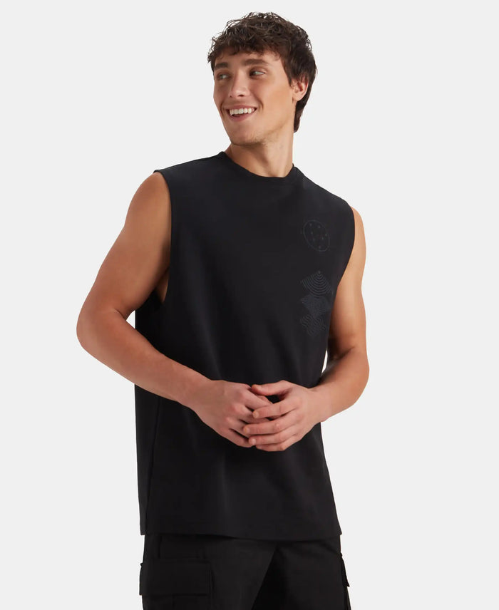 Super Combed Cotton Rich Graphic Print Oversized Tank Top - Deep Black