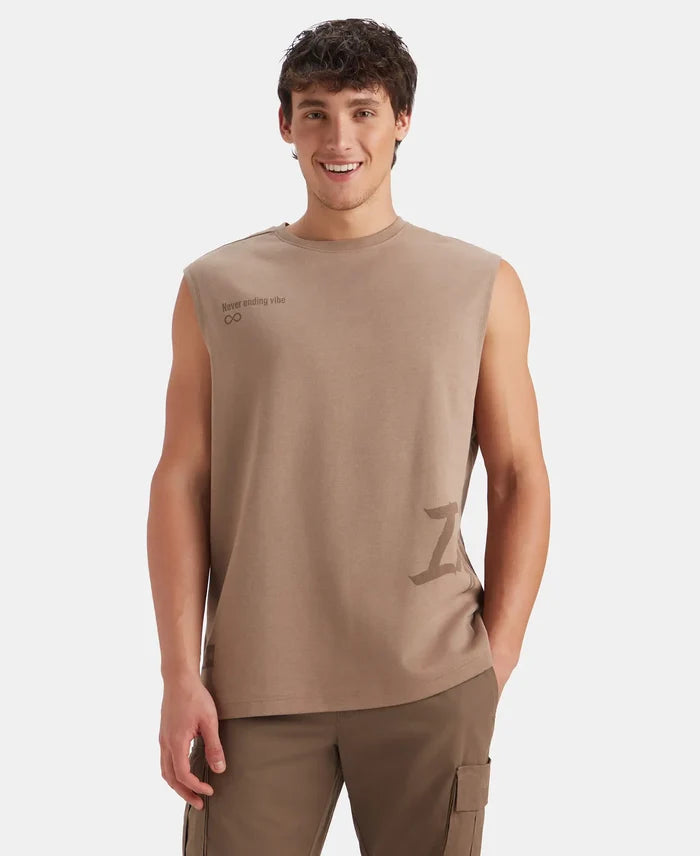 Super Combed Cotton Rich Graphic Print Oversized Tank Top - Taupe Grey