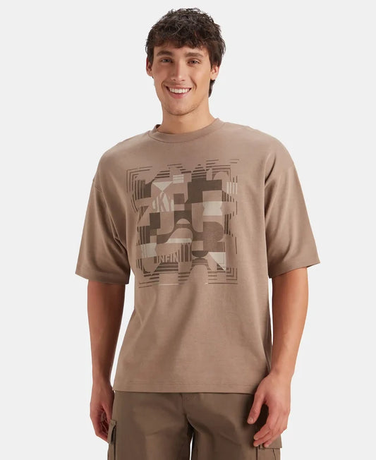 Super Combed Cotton Rich Graphic Printed Oversized T-Shirt - Taupe Grey