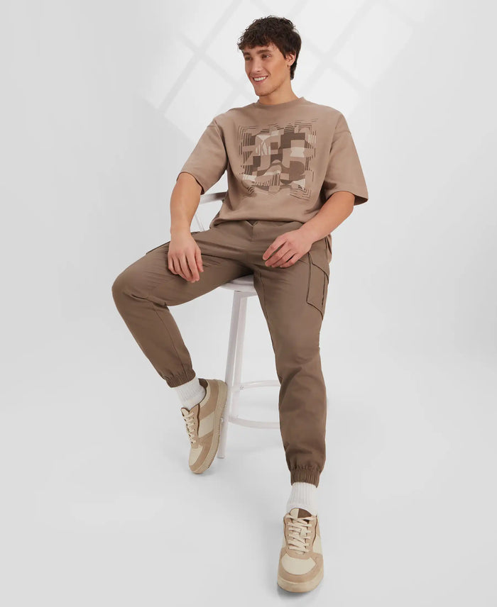 Super Combed Cotton Rich Graphic Printed Oversized T-Shirt - Taupe Grey