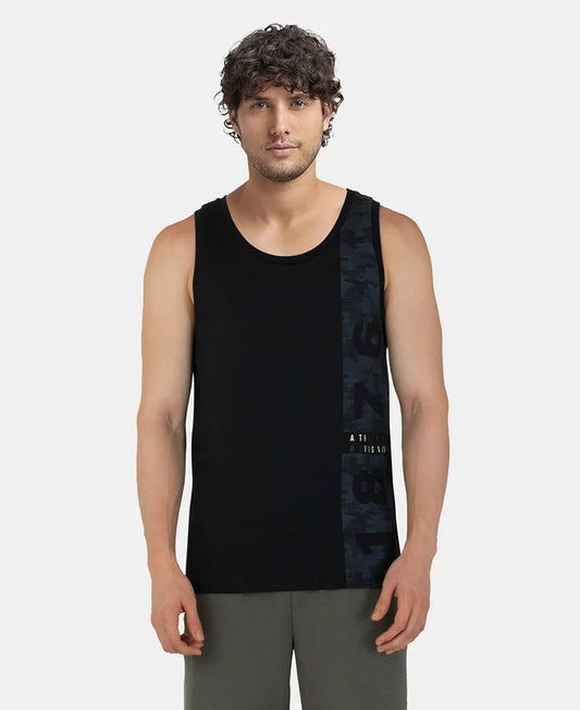 Super Combed Cotton Rich Graphic Printed Tank Top - Black