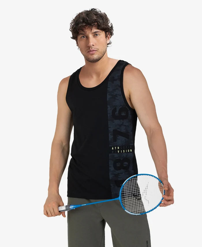 Super Combed Cotton Rich Graphic Printed Tank Top - Black