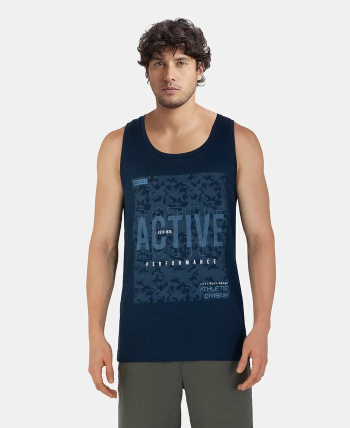 Super Combed Cotton Rich Graphic Printed Tank Top - Navy