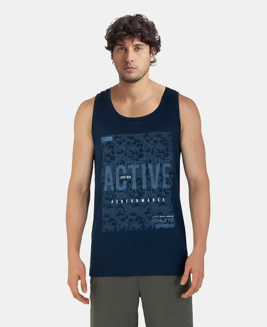 Super Combed Cotton Rich Graphic Printed Tank Top - Navy
