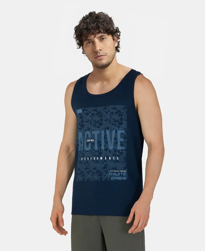Super Combed Cotton Rich Graphic Printed Tank Top - Navy
