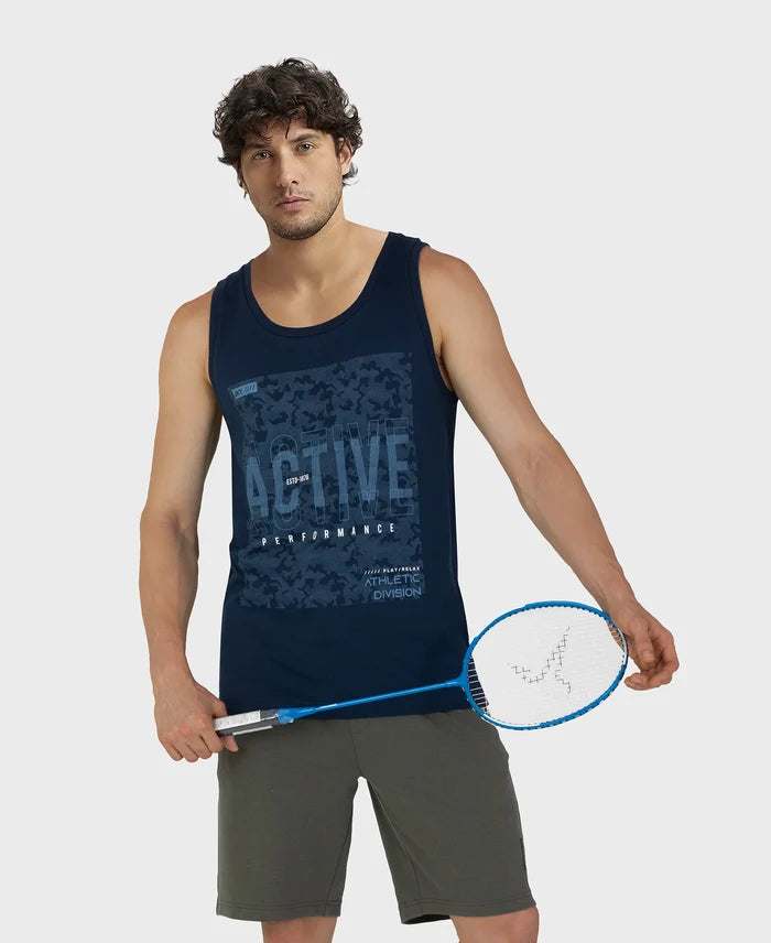 Super Combed Cotton Rich Graphic Printed Tank Top - Navy