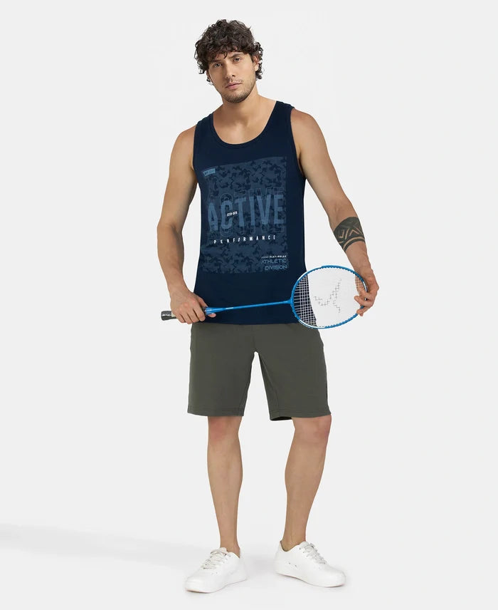 Super Combed Cotton Rich Graphic Printed Tank Top - Navy