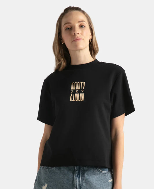 Super Combed Cotton Rich Oversized Graphic Print T-Shirt with Drop Shoulder Styling - Deep Black