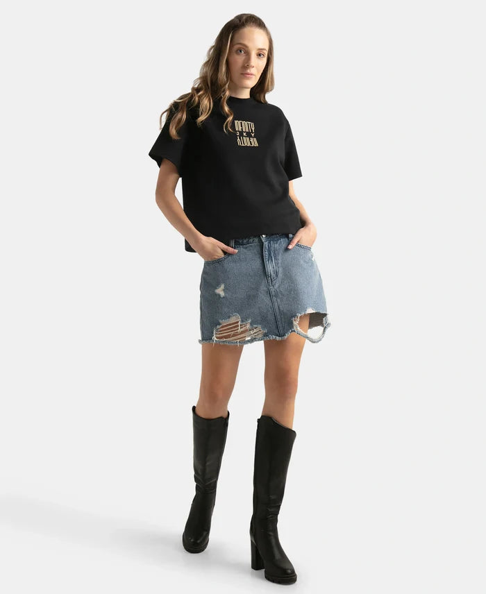Super Combed Cotton Rich Oversized Graphic Print T-Shirt with Drop Shoulder Styling - Deep Black