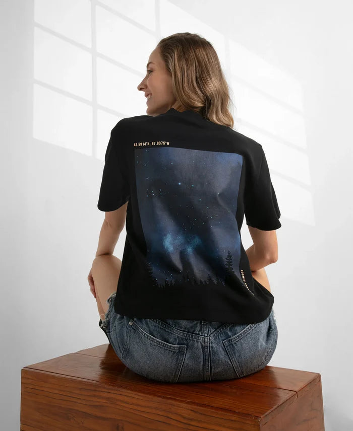 Super Combed Cotton Rich Oversized Graphic Print T-Shirt with Drop Shoulder Styling - Deep Black