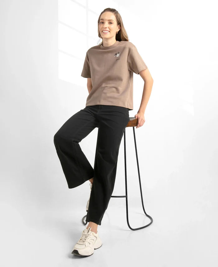 Super Combed Cotton Rich Oversized Graphic Print T-Shirt with Drop Shoulder Styling - Taupe Grey