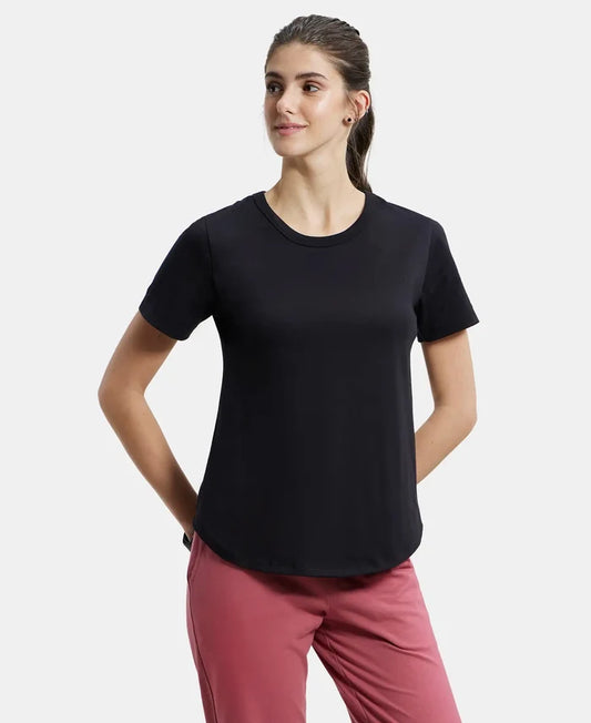 Super Combed Cotton Rich Relaxed Fit Solid Curved Hem Styled Half Sleeve T-Shirt - Black-1