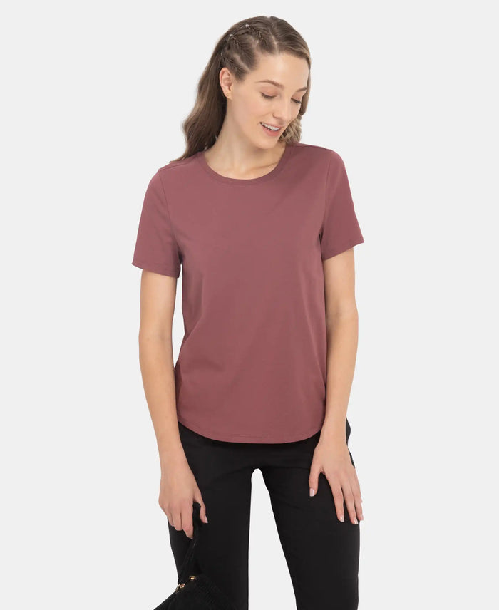 Super Combed Cotton Rich Relaxed Fit Solid Curved Hem Styled Half Sleeve T-Shirt - Wild Ginger