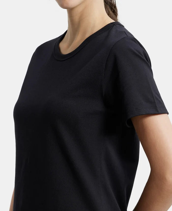 Super Combed Cotton Rich Relaxed Fit Solid Curved Hem Styled Half Sleeve T-Shirt - Black-7