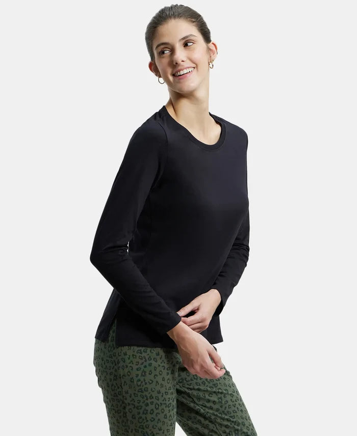 Super Combed Cotton Rich Relaxed Fit Solid Round Neck Full Sleeve T-Shirt - Black-2