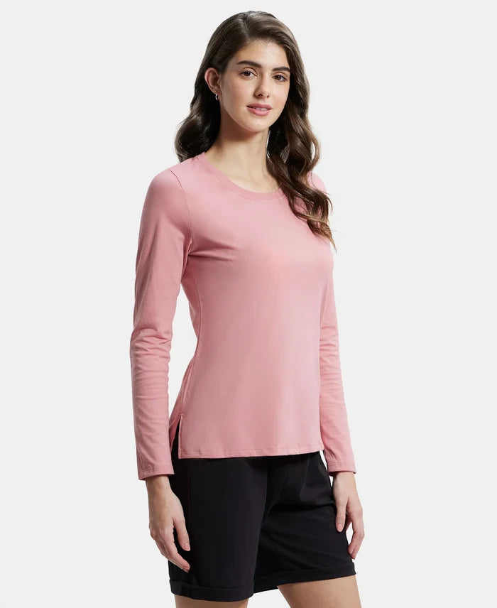 Super Combed Cotton Rich Relaxed Fit Solid Round Neck Full Sleeve T-Shirt - Brandied Apricot-2