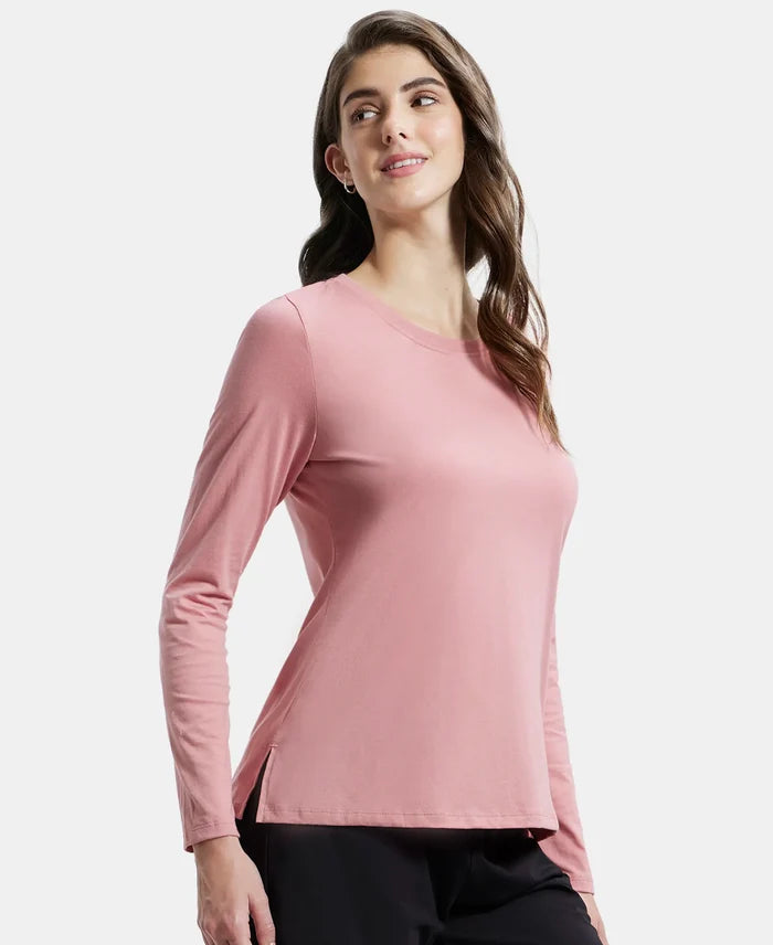 Super Combed Cotton Rich Relaxed Fit Solid Round Neck Full Sleeve T-Shirt - Brandied Apricot-5