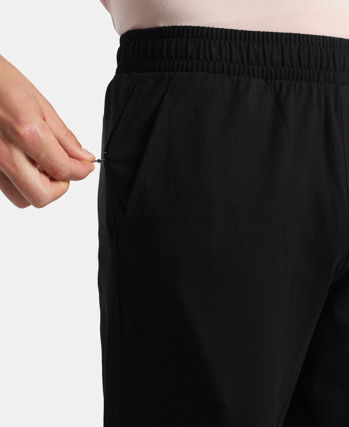 Super Combed Cotton Rich Straight Fit Trackpants with Side and Zipper Media Pockets - Black