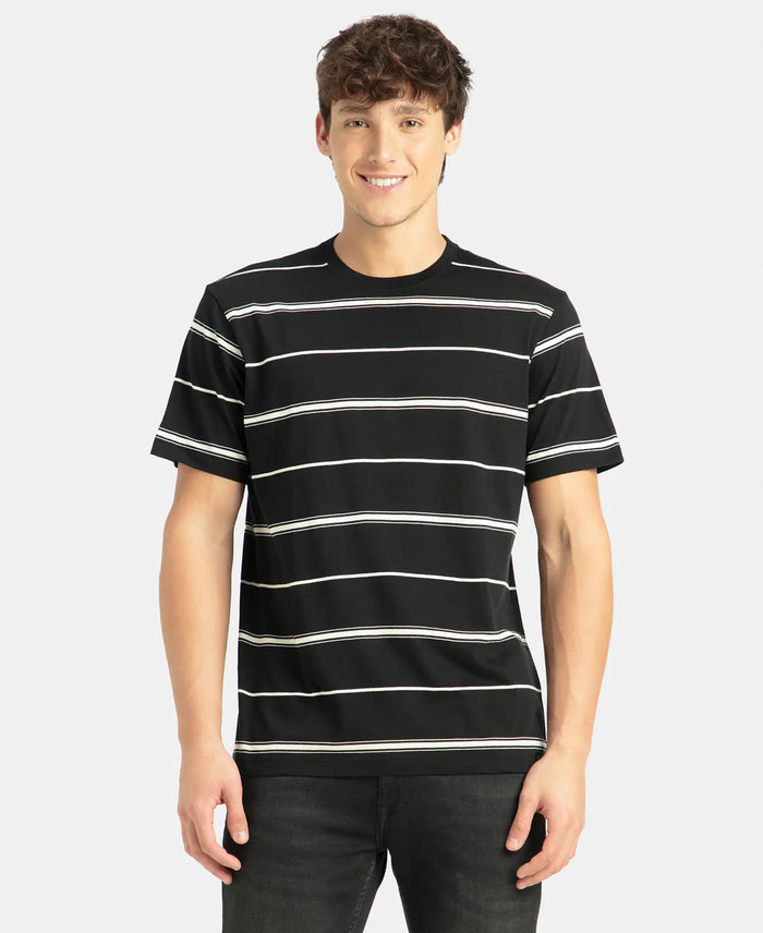 Super Combed Cotton Rich Striped Round Neck Half Sleeve T-Shirt - Black & Ecru