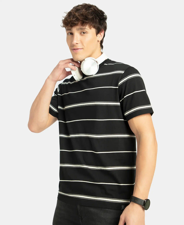 Super Combed Cotton Rich Striped Round Neck Half Sleeve T-Shirt - Black & Ecru