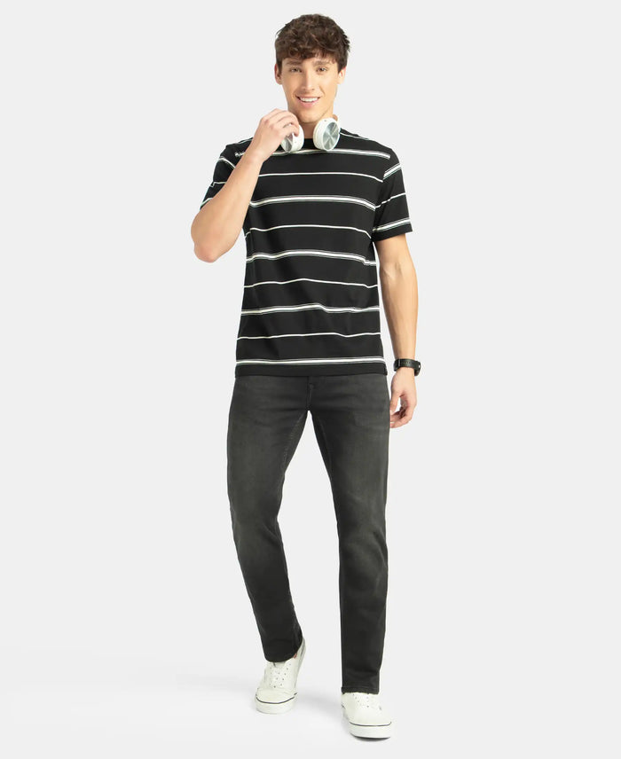 Super Combed Cotton Rich Striped Round Neck Half Sleeve T-Shirt - Black & Ecru
