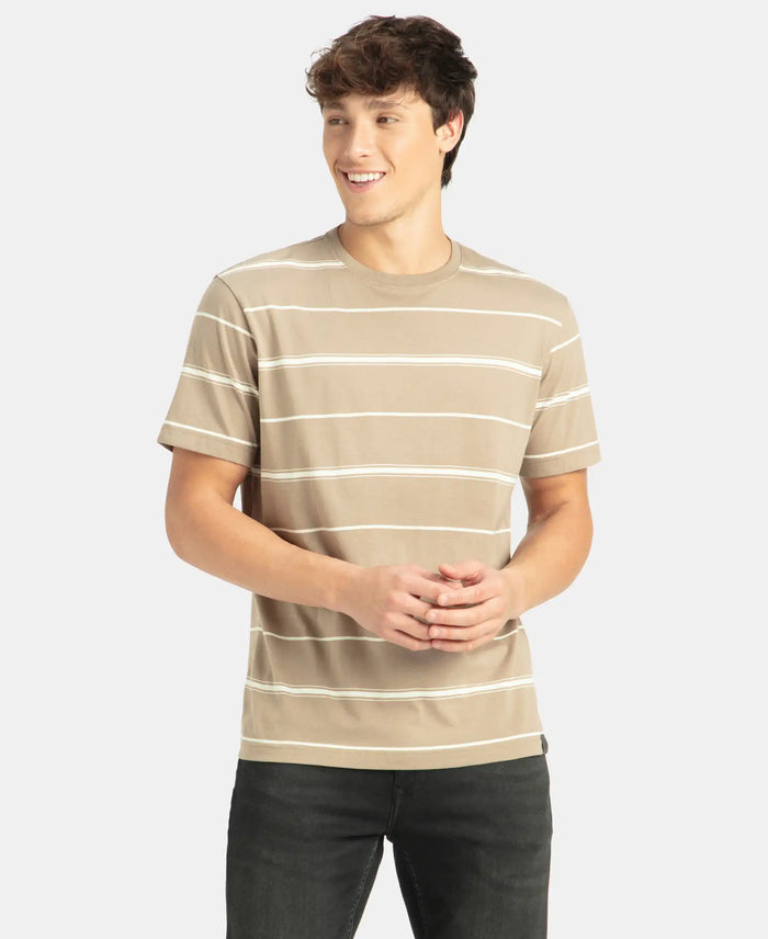 Super Combed Cotton Rich Striped Round Neck Half Sleeve T-Shirt - Desert Taupe & Ecru