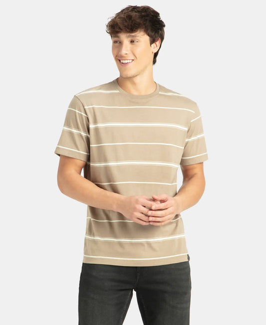 Super Combed Cotton Rich Striped Round Neck Half Sleeve T-Shirt - Desert Taupe & Ecru