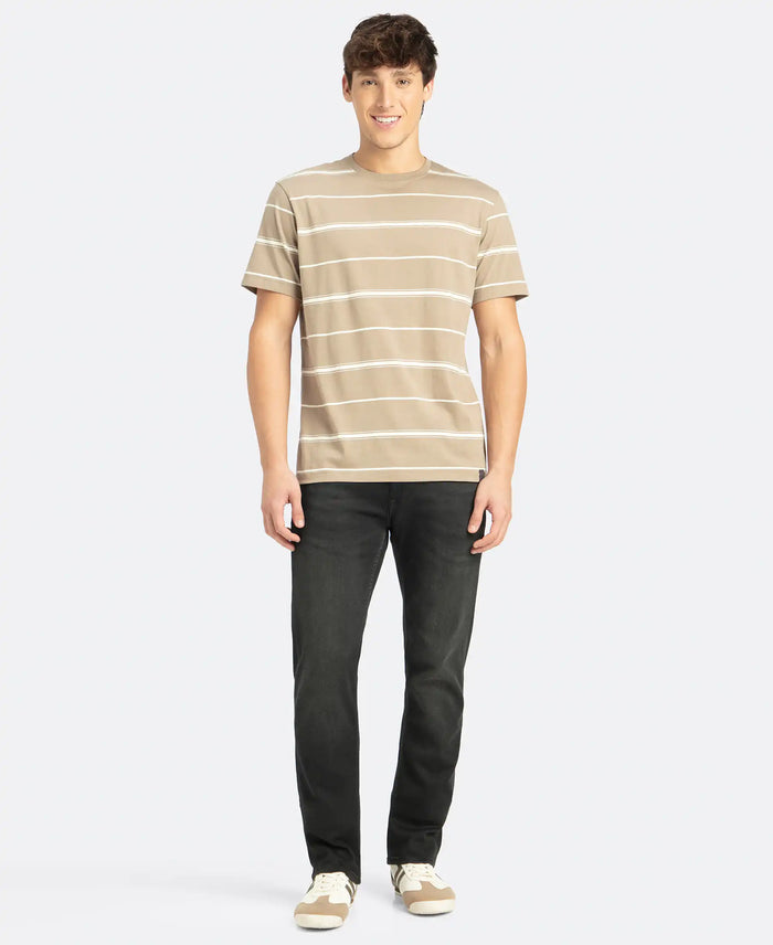 Super Combed Cotton Rich Striped Round Neck Half Sleeve T-Shirt - Desert Taupe & Ecru