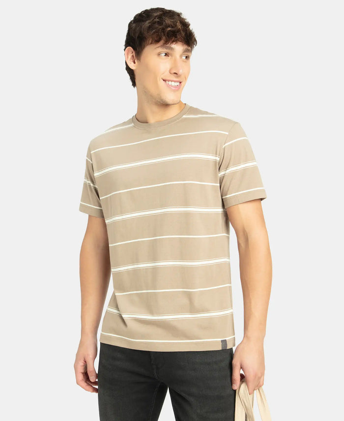 Super Combed Cotton Rich Striped Round Neck Half Sleeve T-Shirt - Desert Taupe & Ecru