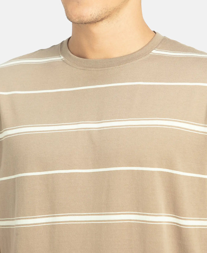 Super Combed Cotton Rich Striped Round Neck Half Sleeve T-Shirt - Desert Taupe & Ecru