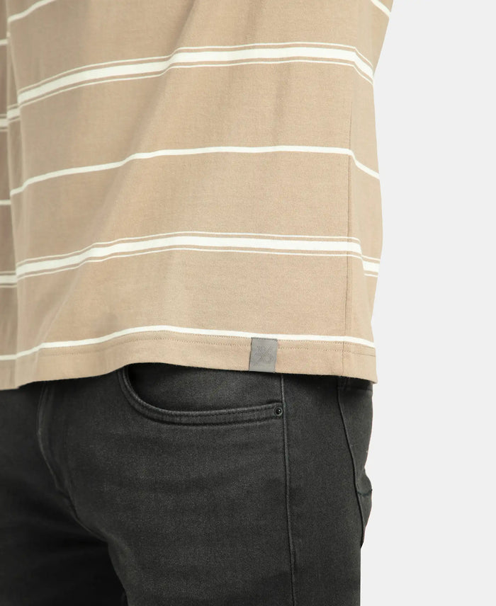 Super Combed Cotton Rich Striped Round Neck Half Sleeve T-Shirt - Desert Taupe & Ecru