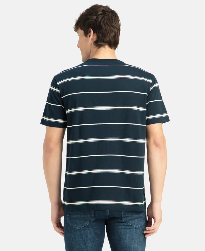Super Combed Cotton Rich Striped Round Neck Half Sleeve T-Shirt - Navy & Ecru