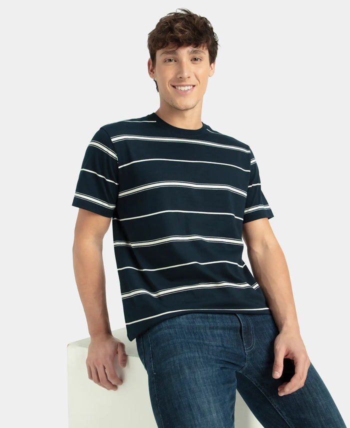 Super Combed Cotton Rich Striped Round Neck Half Sleeve T-Shirt - Navy & Ecru