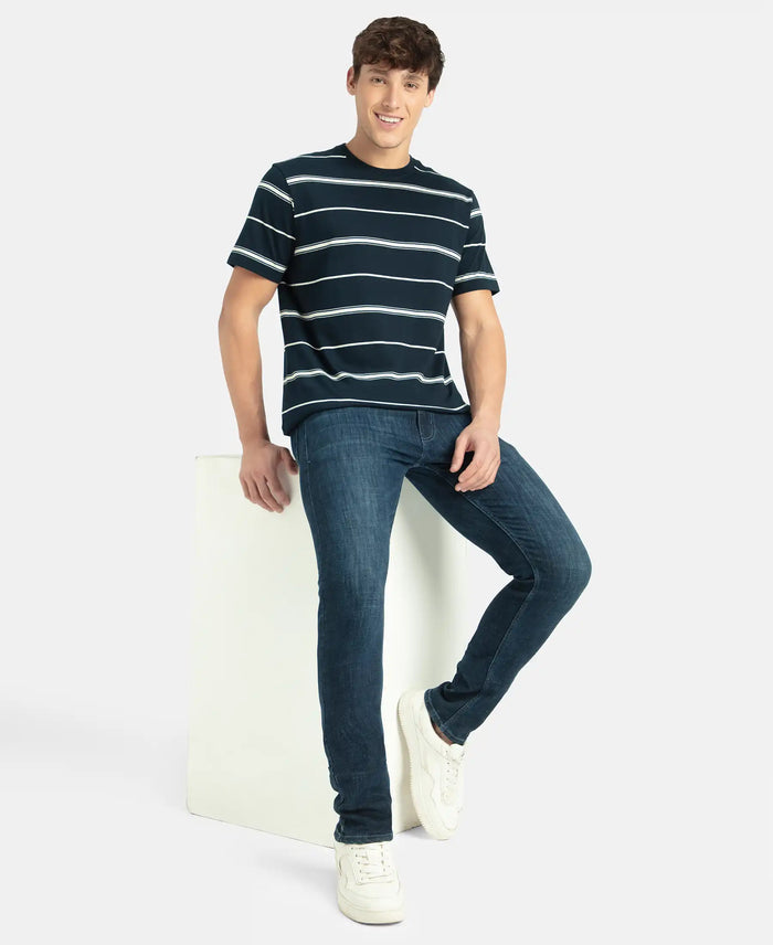 Super Combed Cotton Rich Striped Round Neck Half Sleeve T-Shirt - Navy & Ecru