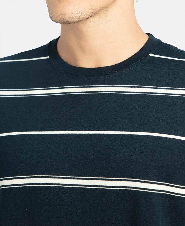 Super Combed Cotton Rich Striped Round Neck Half Sleeve T-Shirt - Navy & Ecru