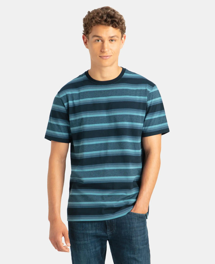Super Combed Cotton Rich Striped Round Neck Half Sleeve T-Shirt - Navy, Insignia Blue & Stellar