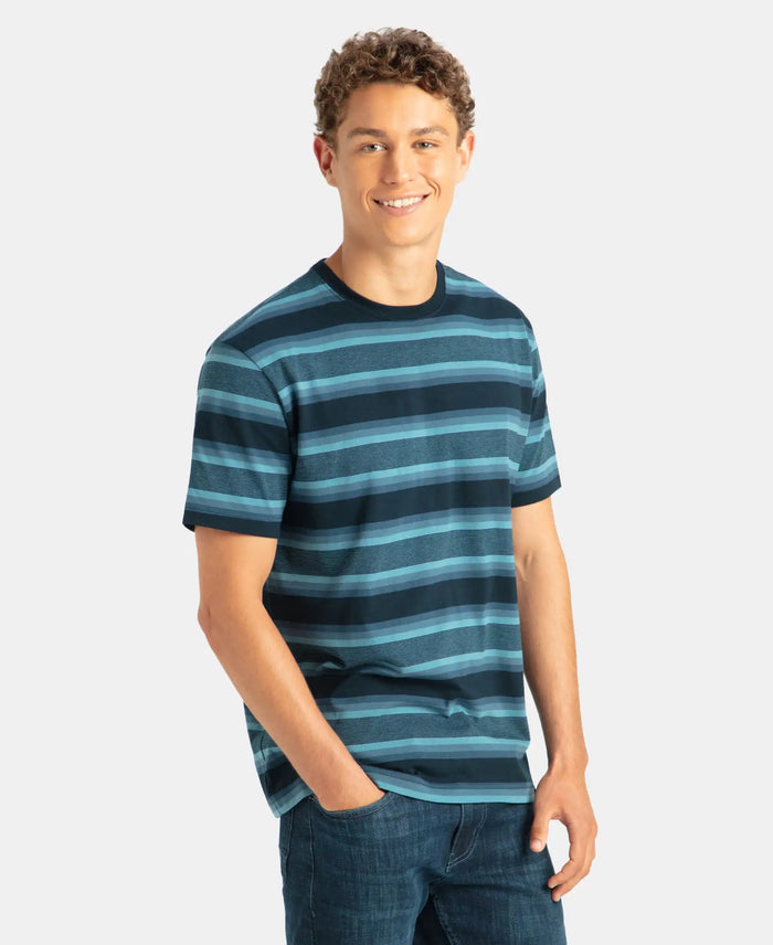 Super Combed Cotton Rich Striped Round Neck Half Sleeve T-Shirt - Navy, Insignia Blue & Stellar