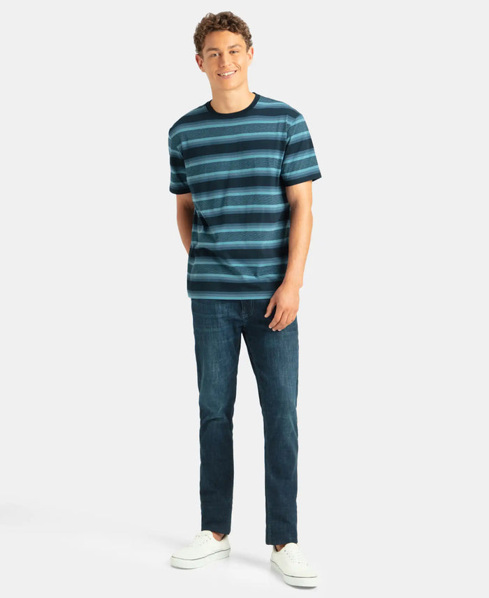 Super Combed Cotton Rich Striped Round Neck Half Sleeve T-Shirt - Navy, Insignia Blue & Stellar