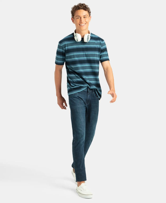Super Combed Cotton Rich Striped Round Neck Half Sleeve T-Shirt - Navy, Insignia Blue & Stellar