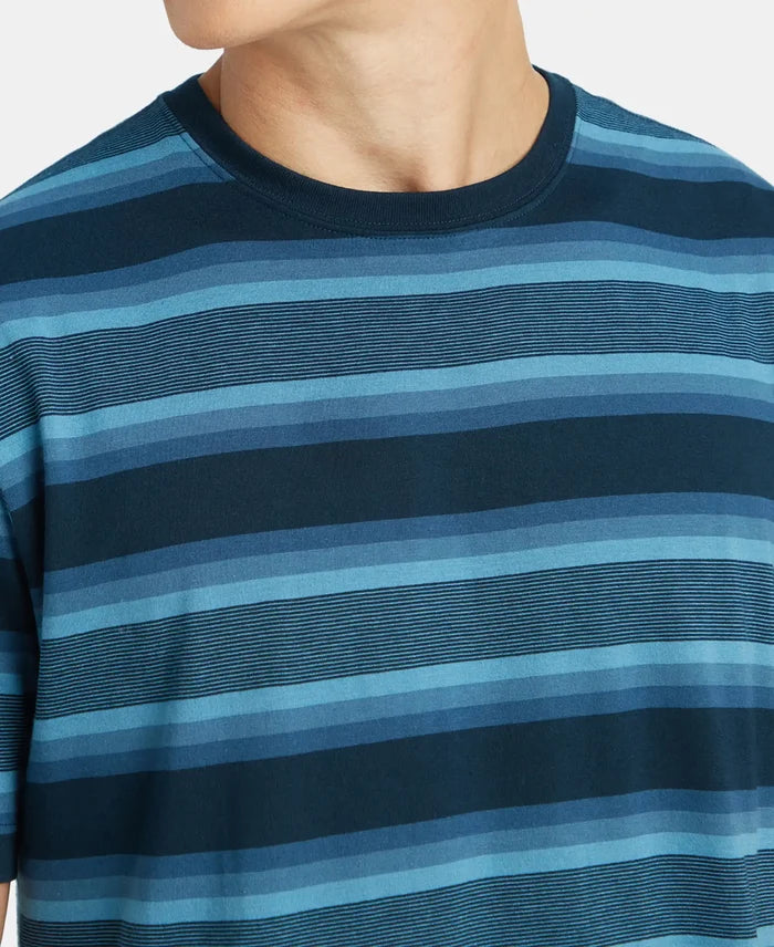 Super Combed Cotton Rich Striped Round Neck Half Sleeve T-Shirt - Navy, Insignia Blue & Stellar