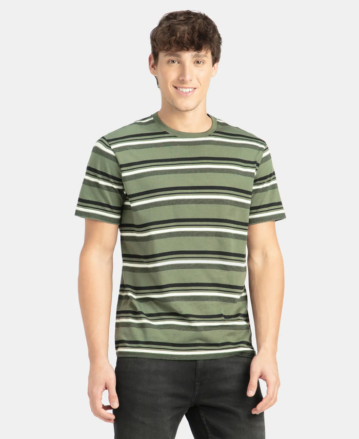 Super Combed Cotton Rich Striped Round Neck Half Sleeve T-Shirt - Thyme, Ecru & Black