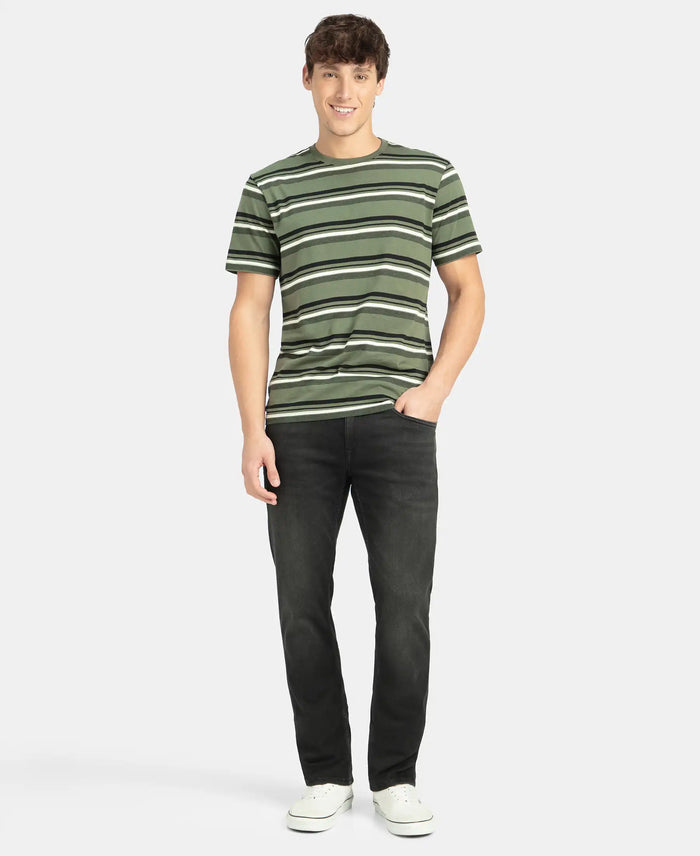 Super Combed Cotton Rich Striped Round Neck Half Sleeve T-Shirt - Thyme, Ecru & Black