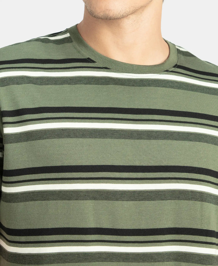 Super Combed Cotton Rich Striped Round Neck Half Sleeve T-Shirt - Thyme, Ecru & Black