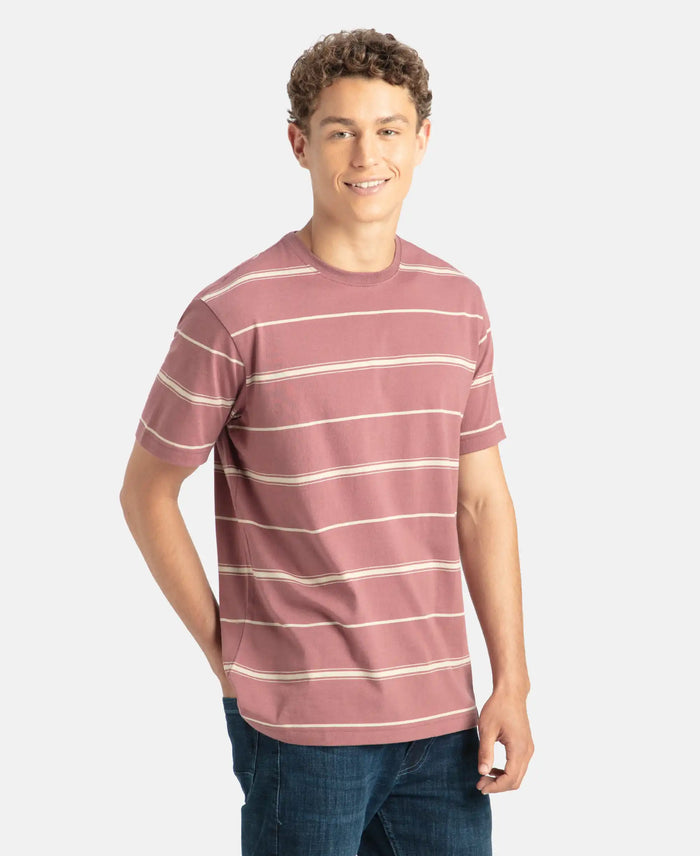 Super Combed Cotton Rich Striped Round Neck Half Sleeve T-Shirt - Wild Ginger & Ecru