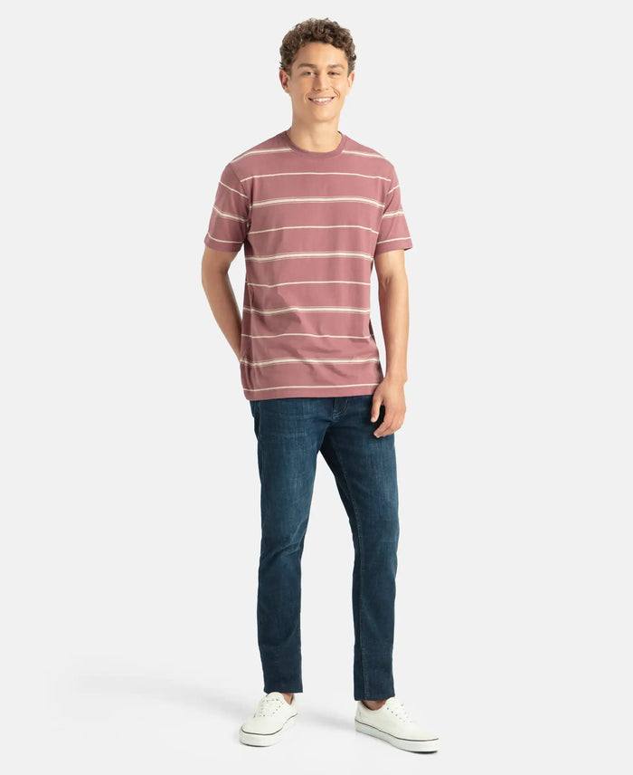 Super Combed Cotton Rich Striped Round Neck Half Sleeve T-Shirt - Wild Ginger & Ecru