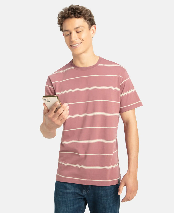 Super Combed Cotton Rich Striped Round Neck Half Sleeve T-Shirt - Wild Ginger & Ecru