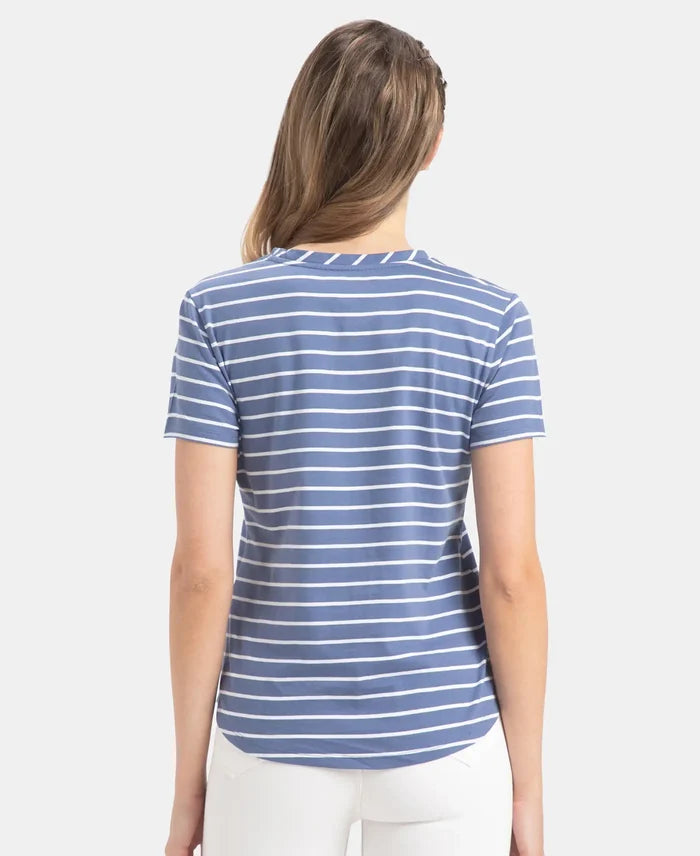 Super Combed Cotton Stripe Fabric Relaxed Fit Round Neck Half Sleeve T-Shirt with Curved Hem Styling - Topaz Blue