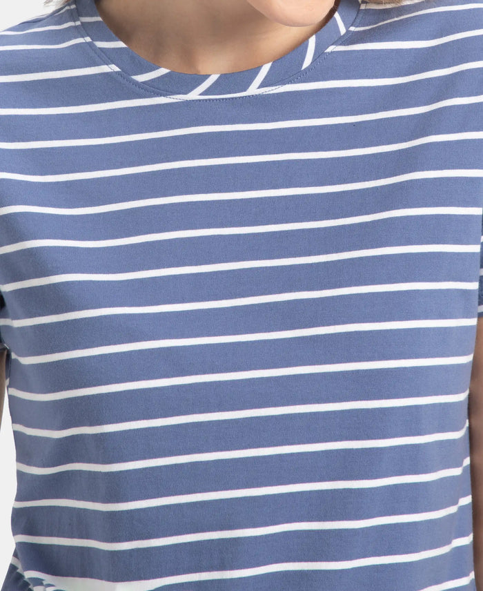 Super Combed Cotton Stripe Fabric Relaxed Fit Round Neck Half Sleeve T-Shirt with Curved Hem Styling - Topaz Blue